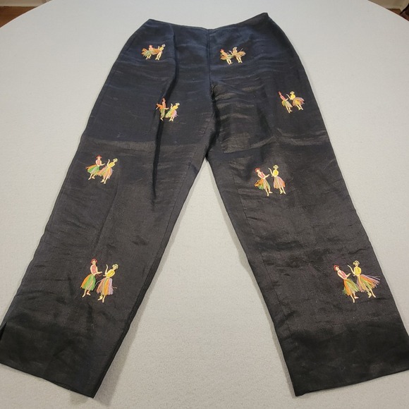 Vintage CJ Laing Linen Pants Embroidered Hula Dancer Black Cropped Size 8 - Picture 1 of 10